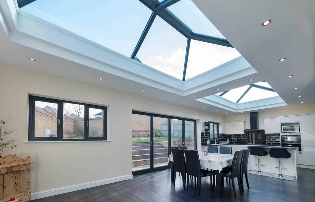 Large black roof lights interior view